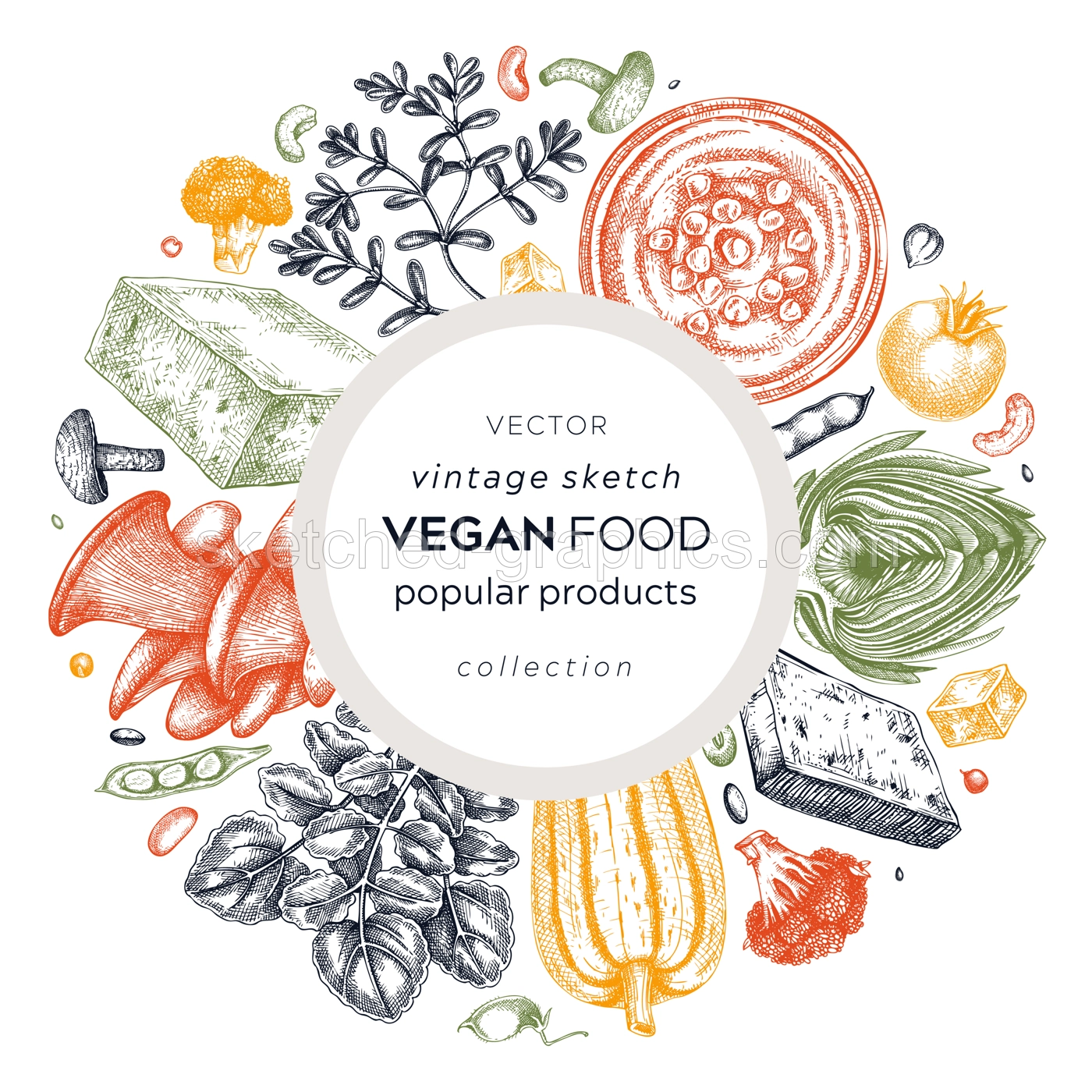 Vegan food sketched card. Healthy food banner template. Middle eastern cuisine wreath. Hand-drawn vegan meals and ingredients for menu, recipe, and packaging design. Vegan food sketches in color Illustration